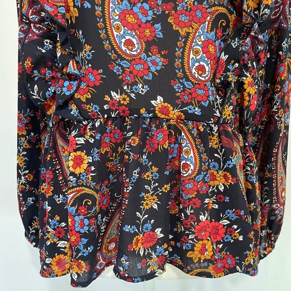 New H&M Paisley Floral Print Ruffle Trim Peplum Blouse Navy Multi Size 2 - Picture 4 of 16